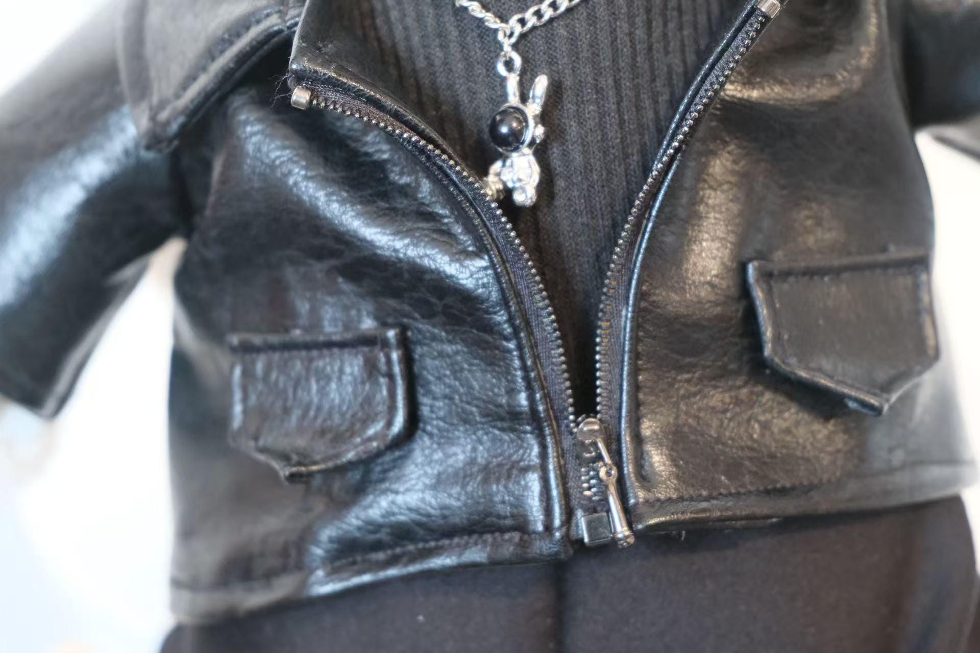 Jellycat Biker Jacket, 4pc Faux Leather Outfit with Necklace for Bashful Bunny, Goth Punk Clothes, Aesthetic Room Decor Gift（No Dolls）