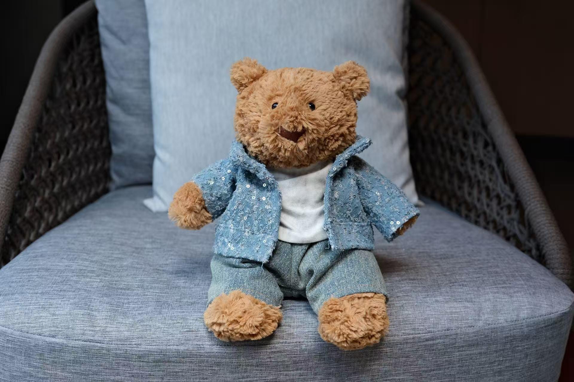 Sequin Denim Jacket for Jellycat Bear, 3-Piece Bartholomew Bear Clothes with Jeans & T-shirt, Handmade Sparkle Bear Outfit, Easter Gift