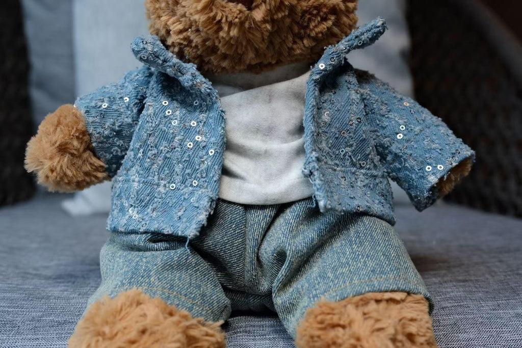 Sequin Denim Jacket for Jellycat Bear, 3-Piece Bartholomew Bear Clothes with Jeans & T-shirt, Handmade Sparkle Bear Outfit, Easter Gift