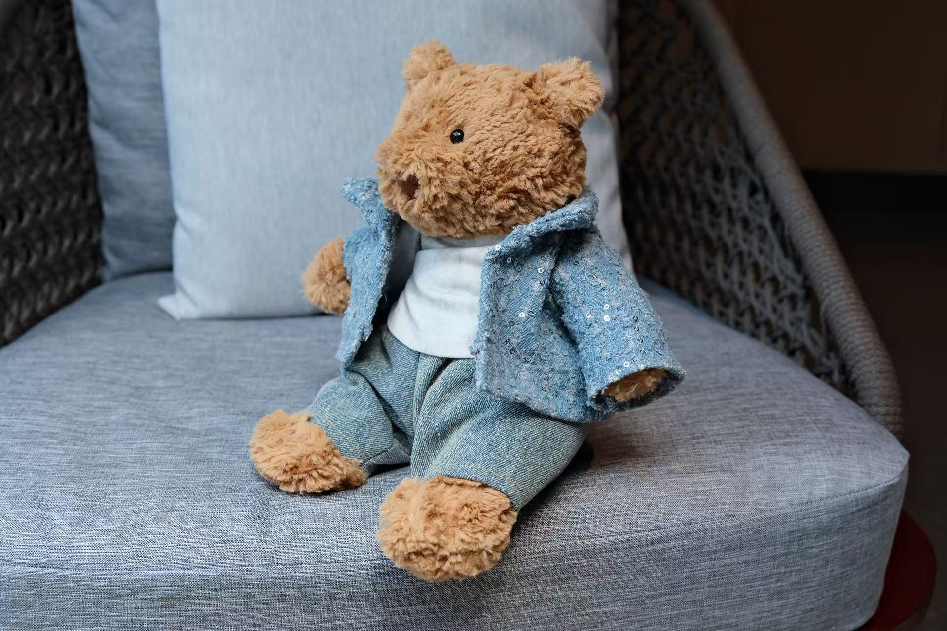Sequin Denim Jacket for Jellycat Bear, 3-Piece Bartholomew Bear Clothes with Jeans & T-shirt, Handmade Sparkle Bear Outfit, Easter Gift