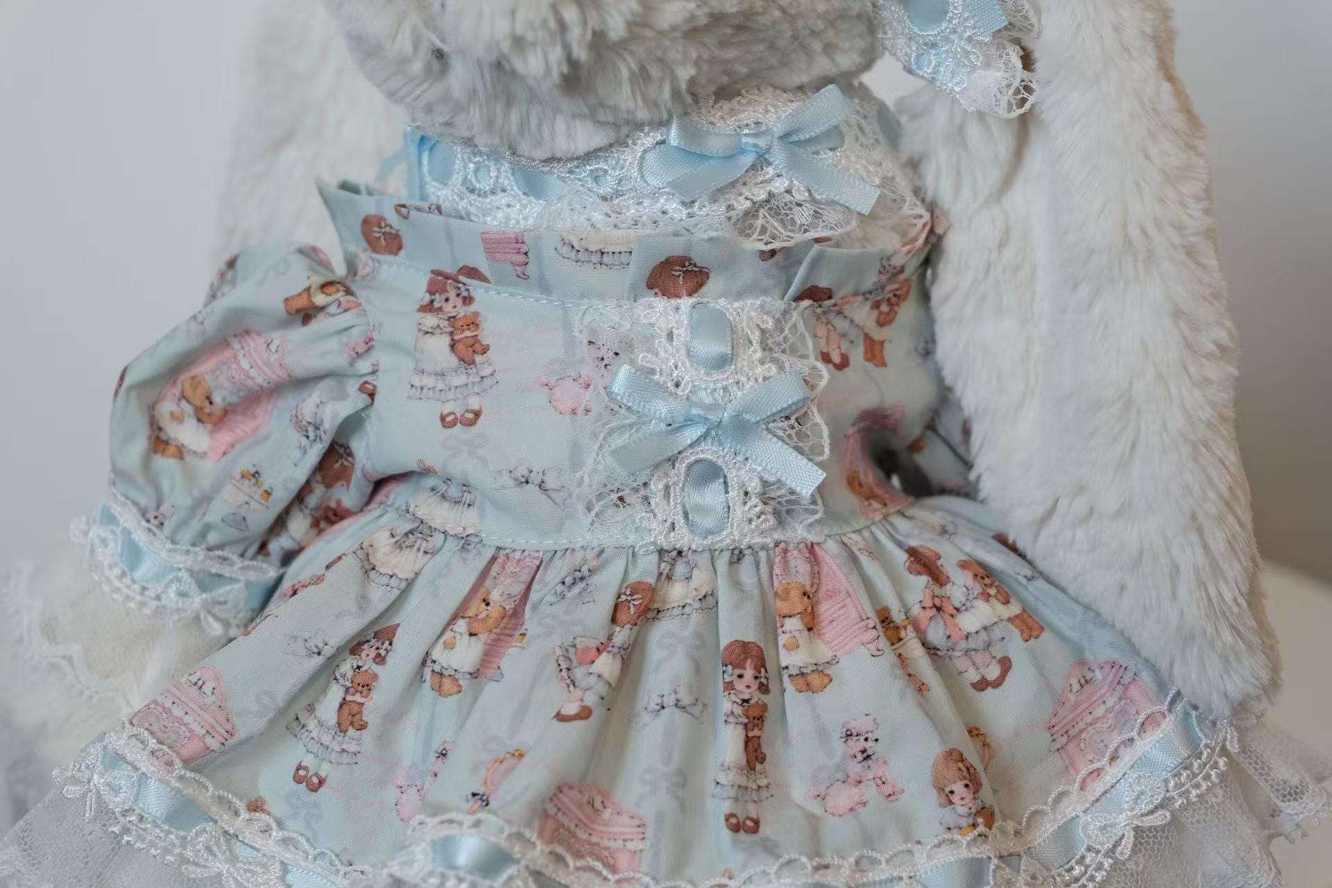 Jellycat Bunny Dress Set for Medium Size M, Pastel Blue Lace Outfit with Ear Bows and Neck Ribbon, Plush Not Included