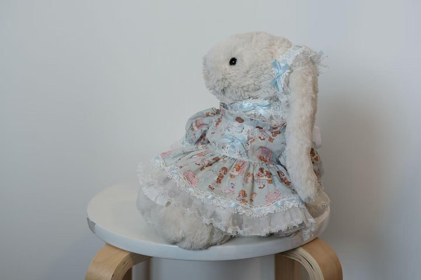 Jellycat Bunny Dress Set for Medium Size M, Pastel Blue Lace Outfit with Ear Bows and Neck Ribbon, Plush Not Included