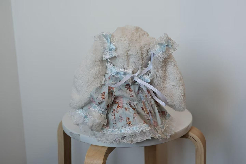 Jellycat Bunny Dress Set for Medium Size M, Pastel Blue Lace Outfit with Ear Bows and Neck Ribbon, Plush Not Included