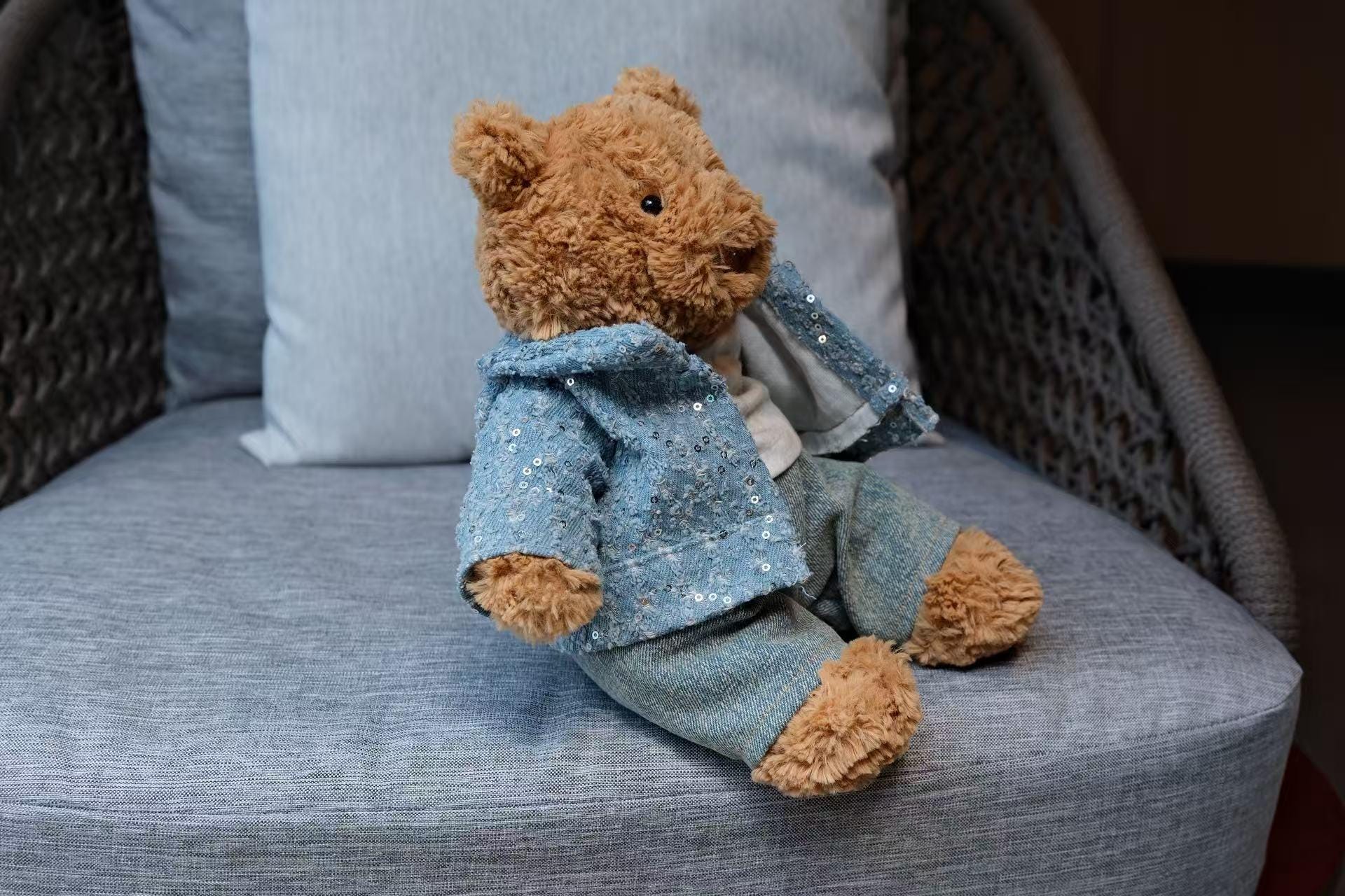 Sequin Denim Jacket for Jellycat Bear, 3-Piece Bartholomew Bear Clothes with Jeans & T-shirt, Handmade Sparkle Bear Outfit, Easter Gift