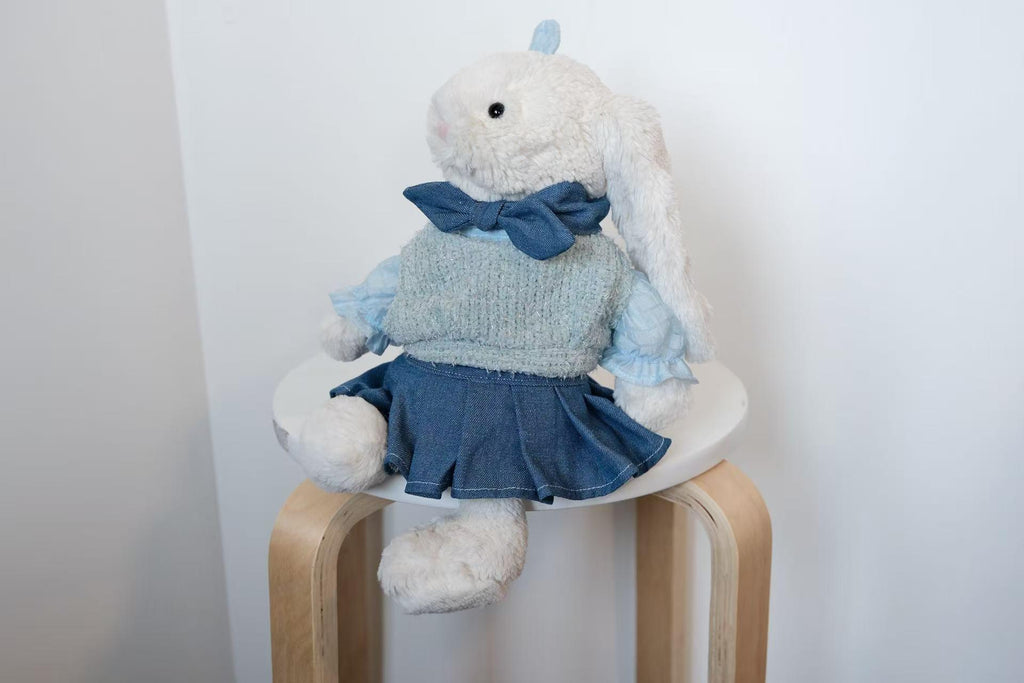 Jellycat Bunny Dress Set for Medium Size M, Head Bow, Neck Bow, Blouse, Sweater Vest & Pleated Skirt, Plush Not Included