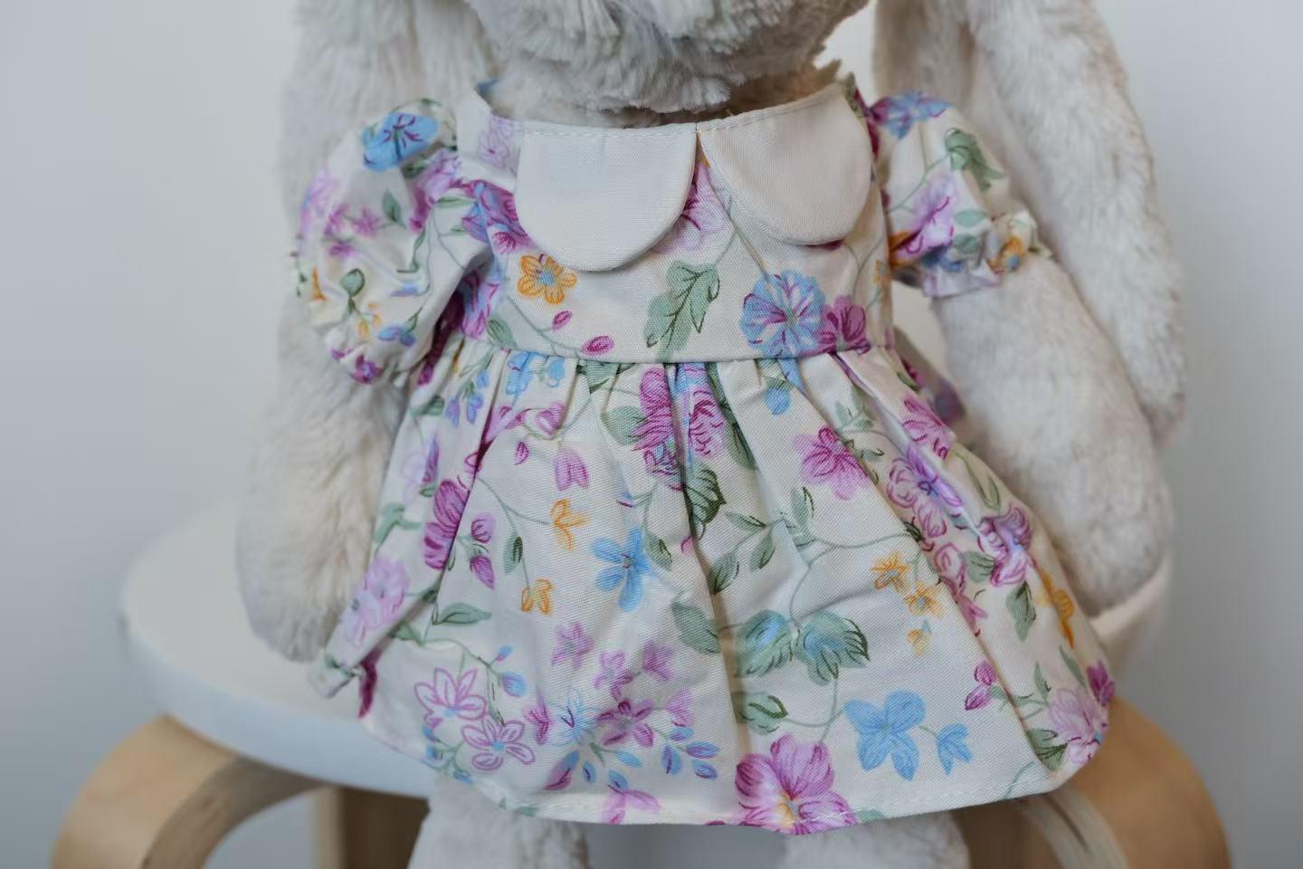Floral Dress and Bow Set for Size M Jellycat Bunny, Puff Sleeve Plush Outfit with White Collar, Clothes Only