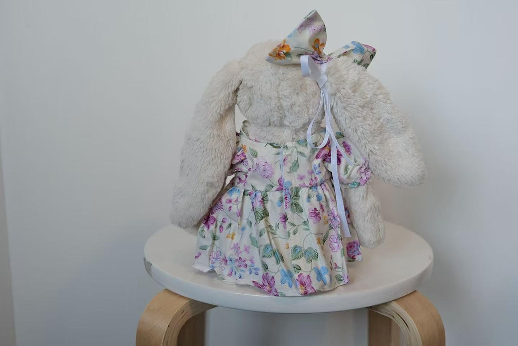 Floral Dress and Bow Set for Size M Jellycat Bunny, Puff Sleeve Plush Outfit with White Collar, Clothes Only