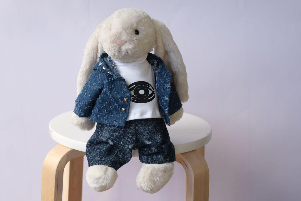 Jellycat Bunny Outfit Set, Blue Textured Jacket, White Top and Denim Pants, Clothes Only