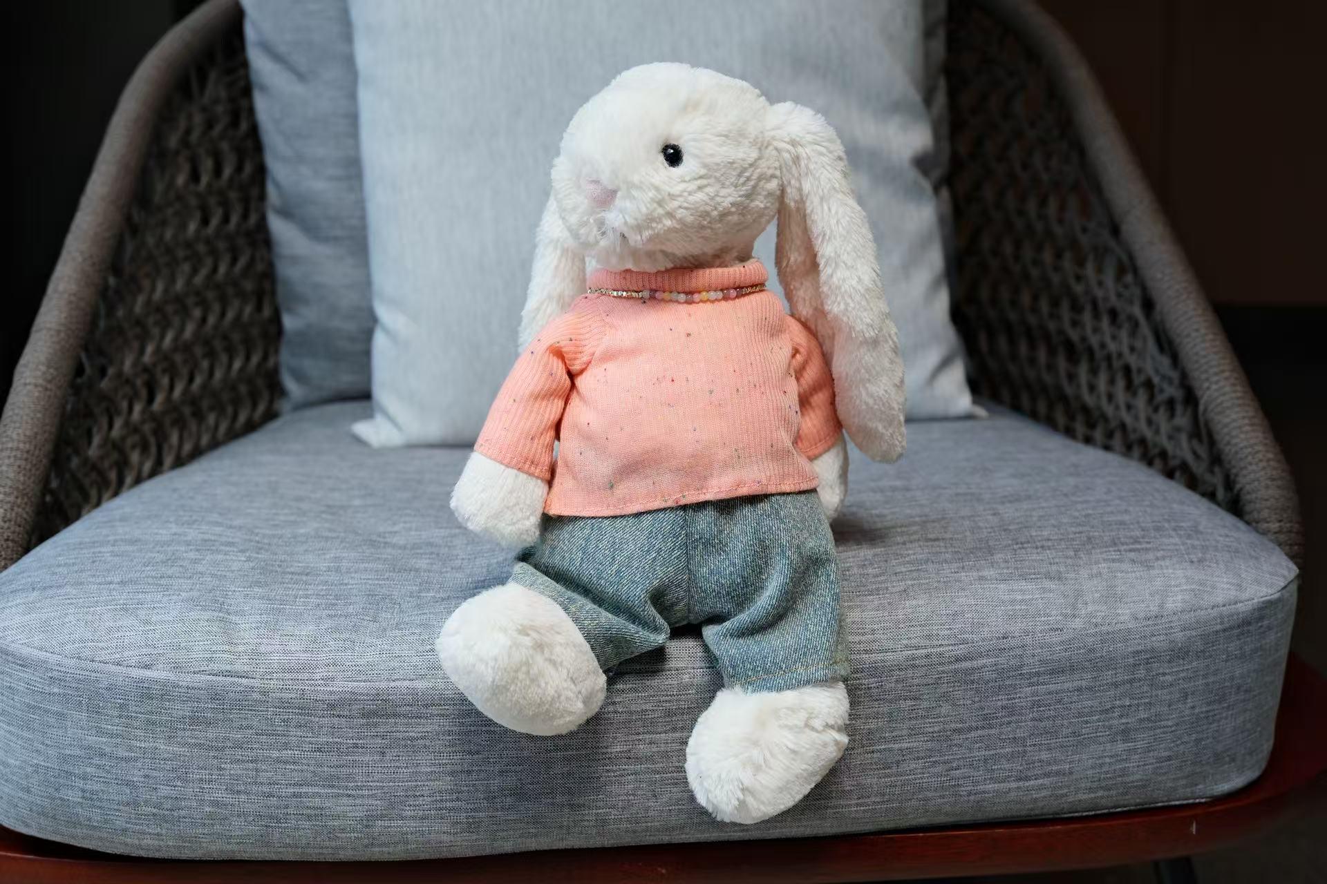 Pink Sweater, Denim Jeans and Necklace Set for Jellycat Bunny, Soft Plush Outfit, Clothes Only