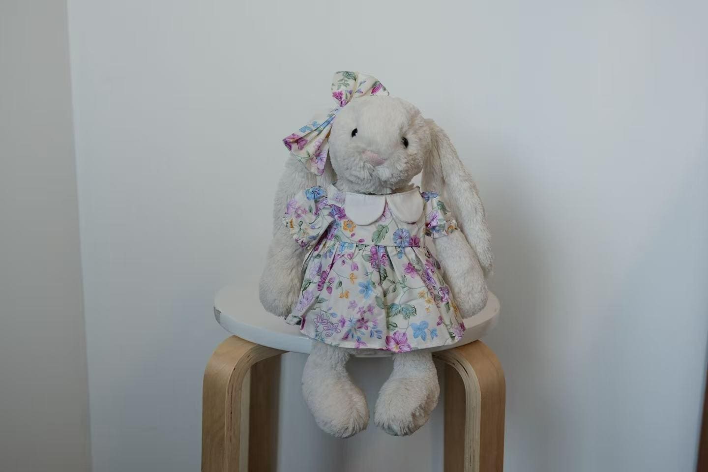 Floral Dress and Bow Set for Size M Jellycat Bunny, Puff Sleeve Plush Outfit with White Collar, Clothes Only