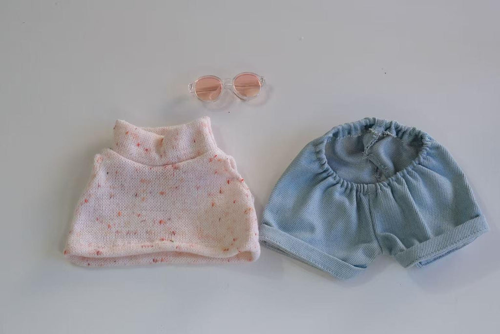 Bunny Outfit Set for Jellycat Size M/L, Speckled Knit Vest, Denim Pants & Pink Sunglasses, Plush Clothes Only