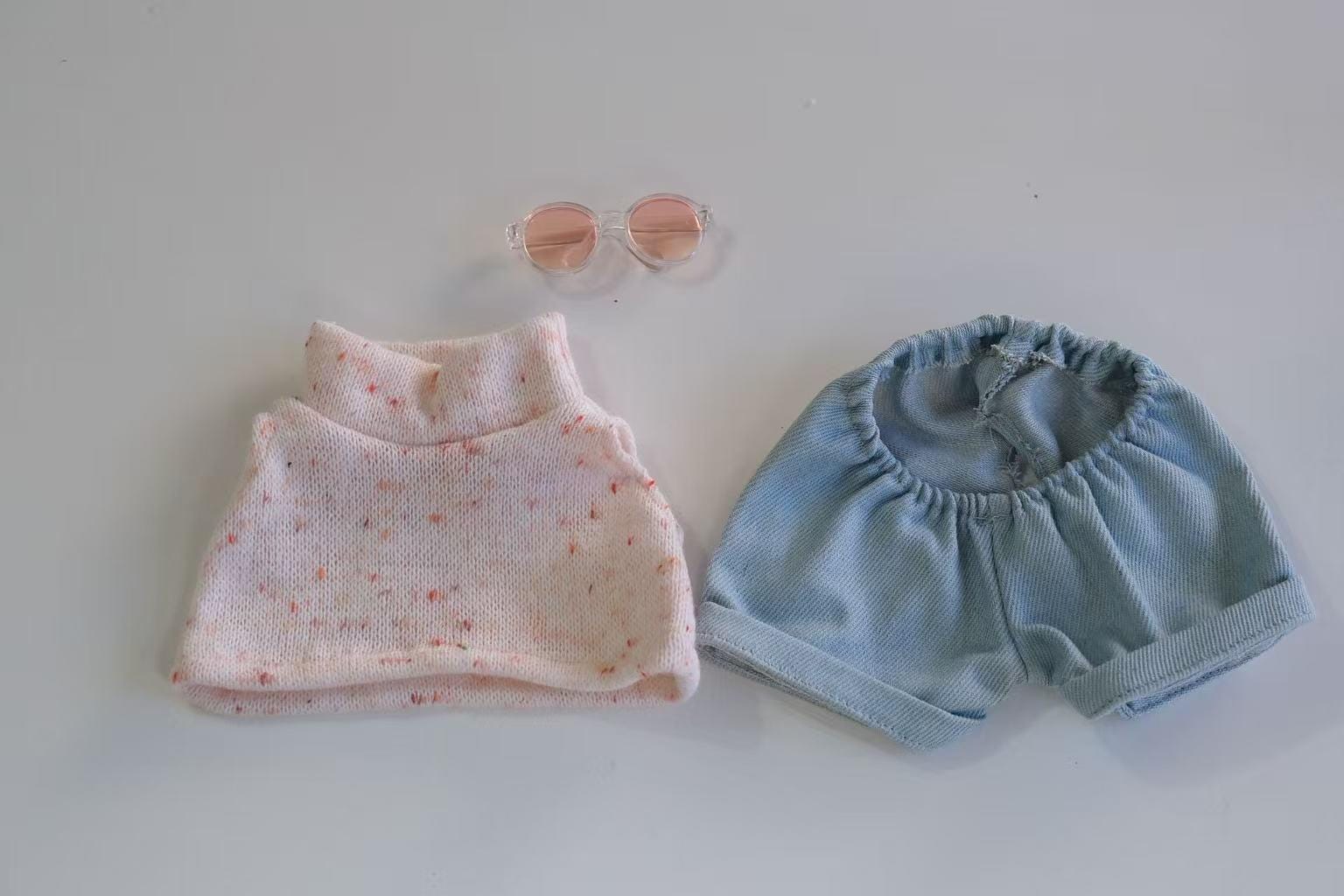 Bunny Outfit Set for Jellycat Size M/L, Speckled Knit Vest, Denim Pants & Pink Sunglasses, Plush Clothes Only