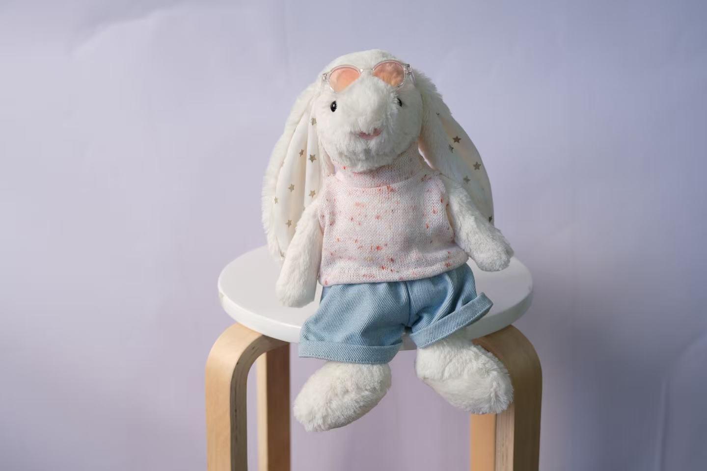 Bunny Outfit Set for Jellycat Size M/L, Speckled Knit Vest, Denim Pants & Pink Sunglasses, Plush Clothes Only