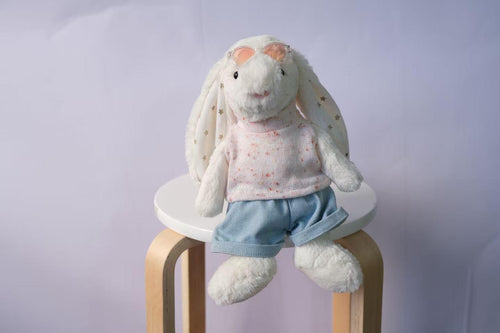 Bunny Outfit Set for Jellycat Size M/L, Speckled Knit Vest, Denim Pants & Pink Sunglasses, Plush Clothes Only