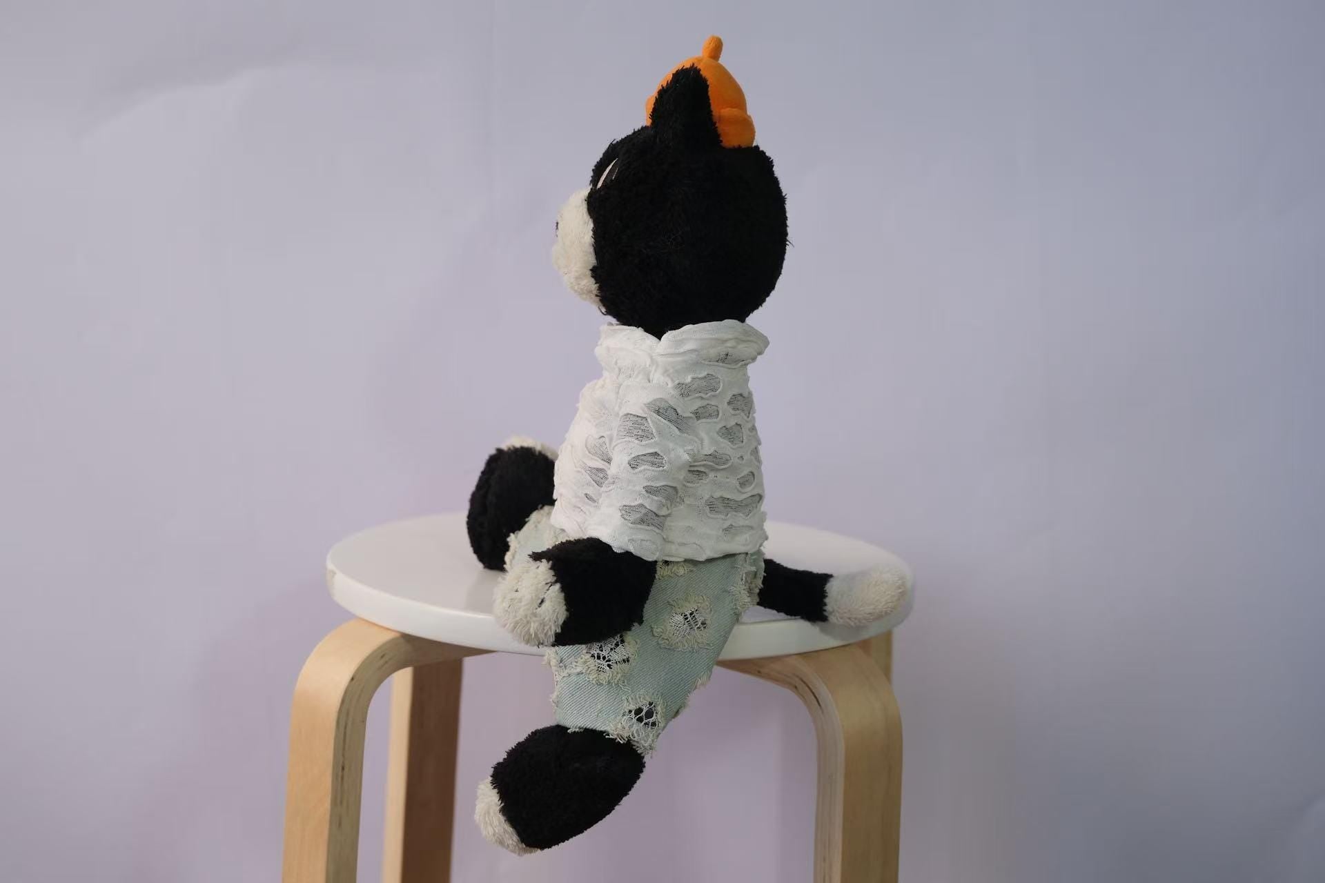 Jack Plush Clothes, White Textured T-Shirt and Distressed Denim Jeans Set, Handmade Street Fashion Outfit for Jellycat Jack