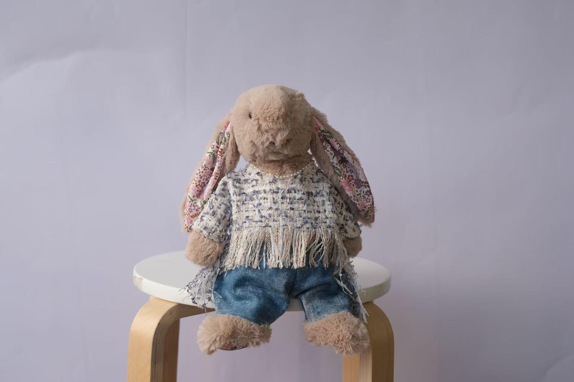 Jellycat Bunny Outfit Set, Tweed Top, Denim Pants & Faux Pearl Necklace, Clothes Only
