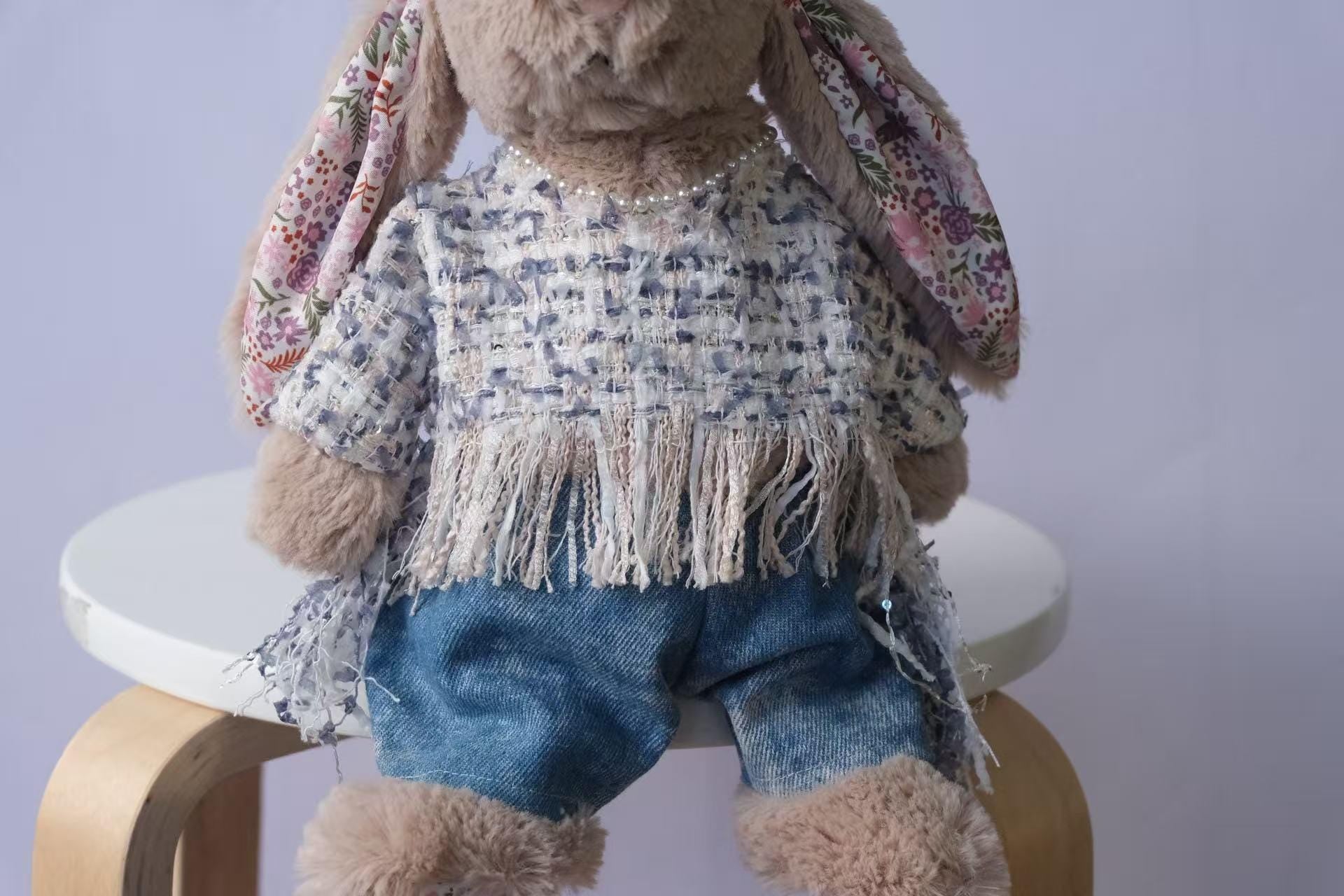Jellycat Bunny Outfit Set, Tweed Top, Denim Pants & Faux Pearl Necklace, Clothes Only