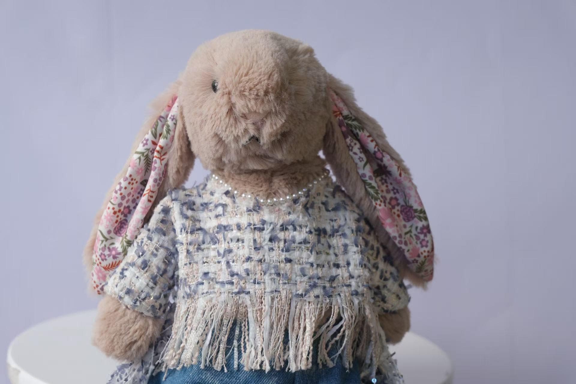 Jellycat Bunny Outfit Set, Tweed Top, Denim Pants & Faux Pearl Necklace, Clothes Only