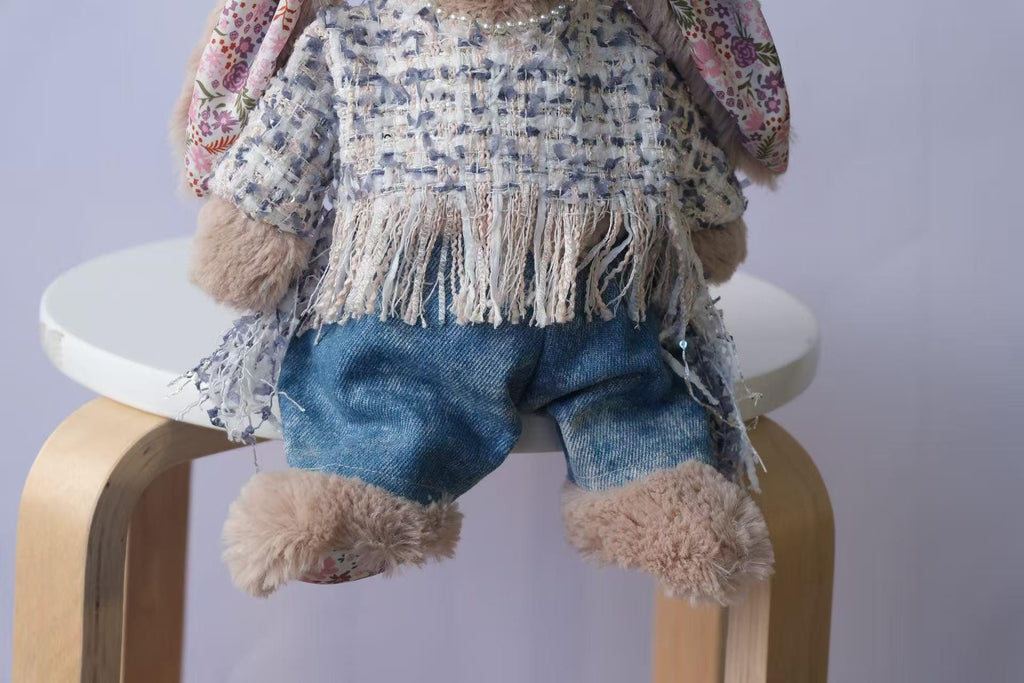 Jellycat Bunny Outfit Set, Tweed Top, Denim Pants & Faux Pearl Necklace, Clothes Only