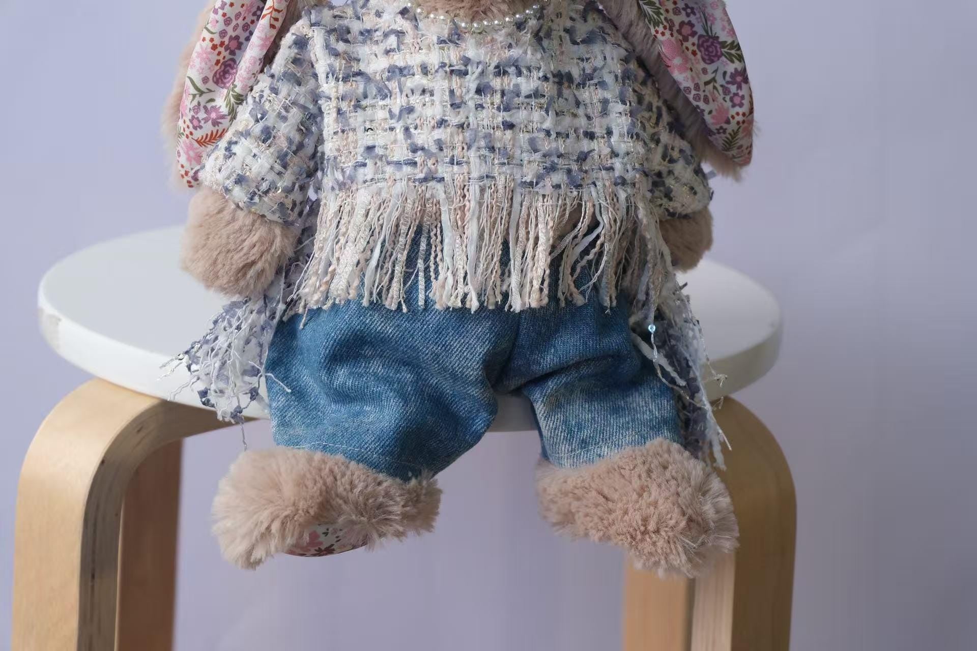 Jellycat Bunny Outfit Set, Tweed Top, Denim Pants & Faux Pearl Necklace, Clothes Only