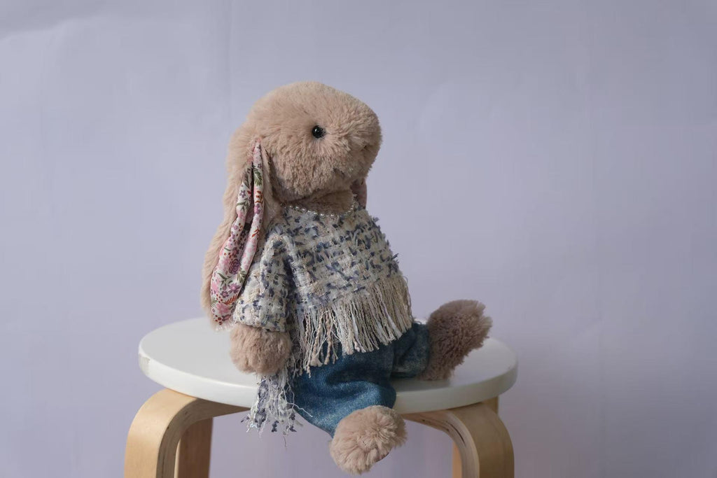 Jellycat Bunny Outfit Set, Tweed Top, Denim Pants & Faux Pearl Necklace, Clothes Only