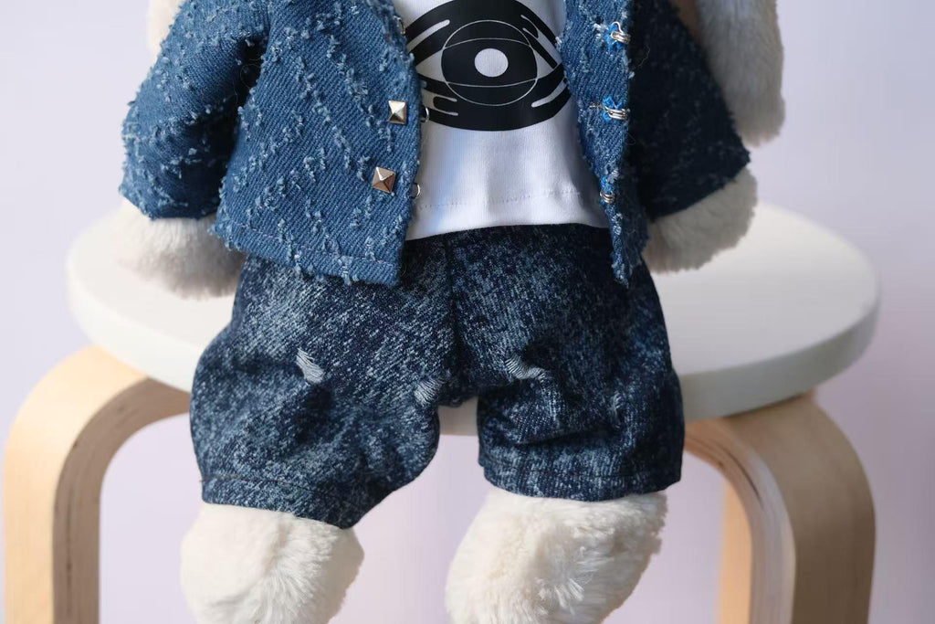 Jellycat Bunny Outfit Set, Blue Textured Jacket, White Top and Denim Pants, Clothes Only