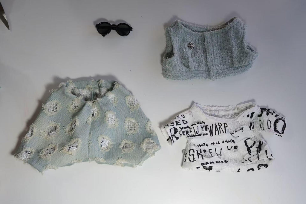 Bunny Outfit for Jellycat Bunny, Tweed Vest T Shirt Jeans Sunglasses Set, Fits Size M and L, Clothes Only