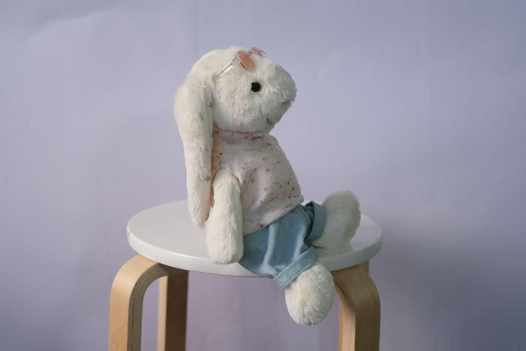Bunny Outfit Set for Jellycat Size M/L, Speckled Knit Vest, Denim Pants & Pink Sunglasses, Plush Clothes Only