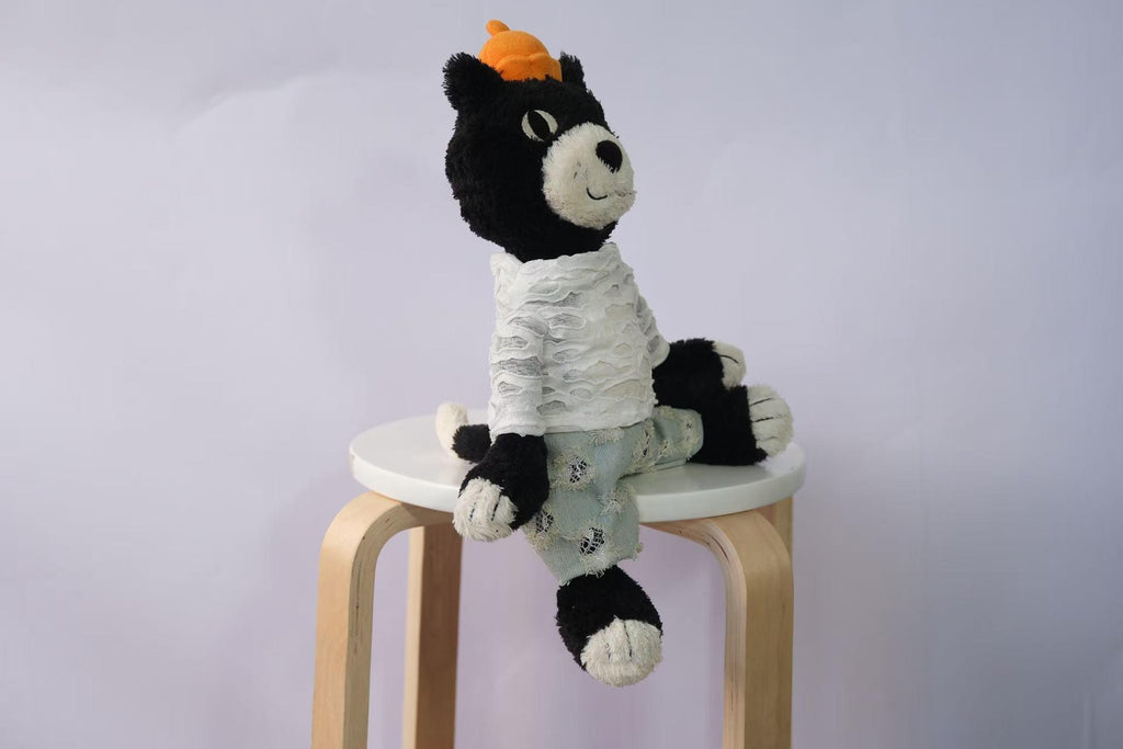 Jack Plush Clothes, White Textured T-Shirt and Distressed Denim Jeans Set, Handmade Street Fashion Outfit for Jellycat Jack