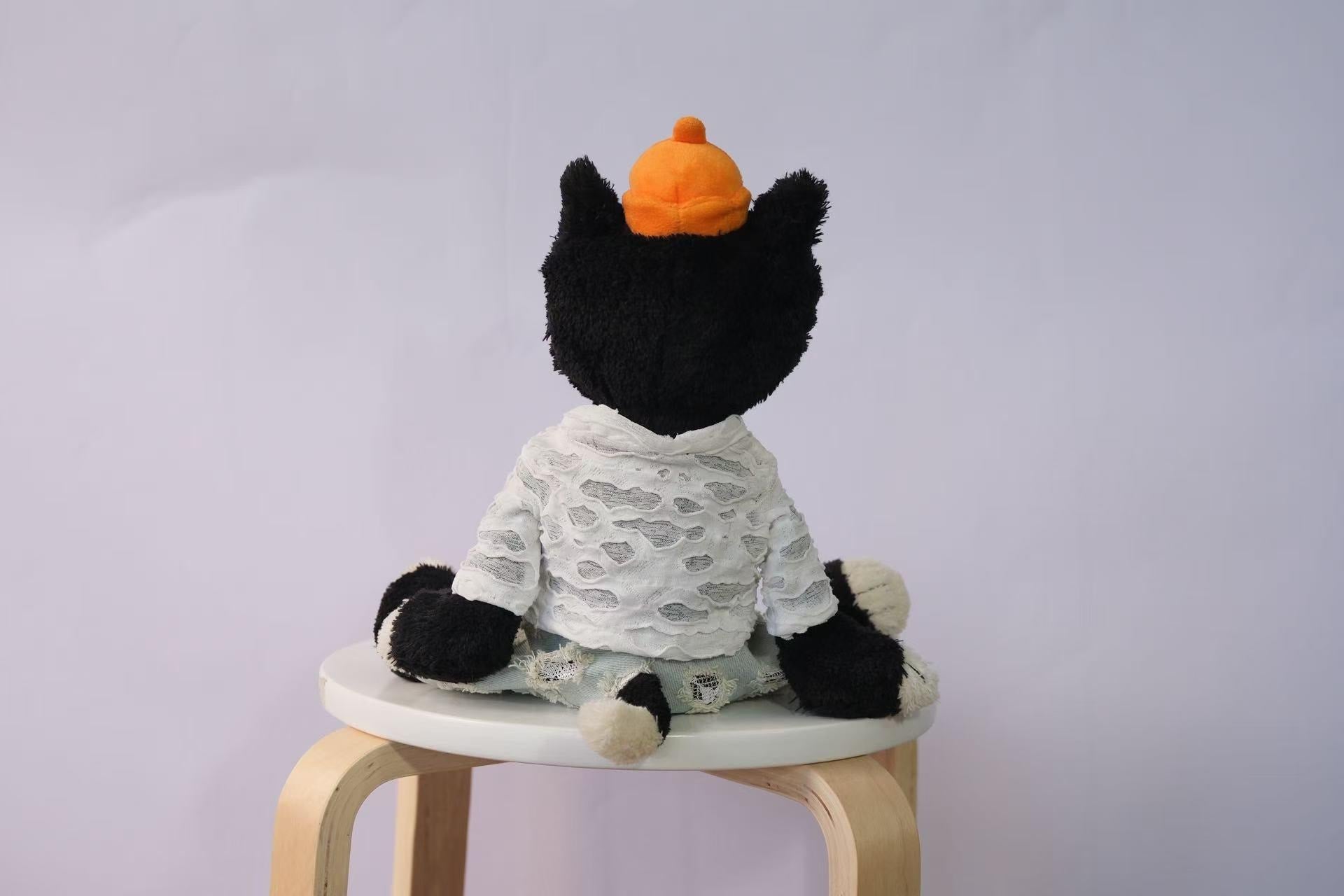 Jack Plush Clothes, White Textured T-Shirt and Distressed Denim Jeans Set, Handmade Street Fashion Outfit for Jellycat Jack