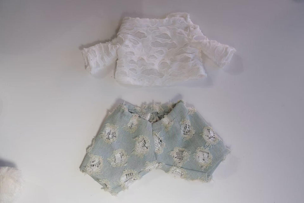 Jack Plush Clothes, White Textured T-Shirt and Distressed Denim Jeans Set, Handmade Street Fashion Outfit for Jellycat Jack