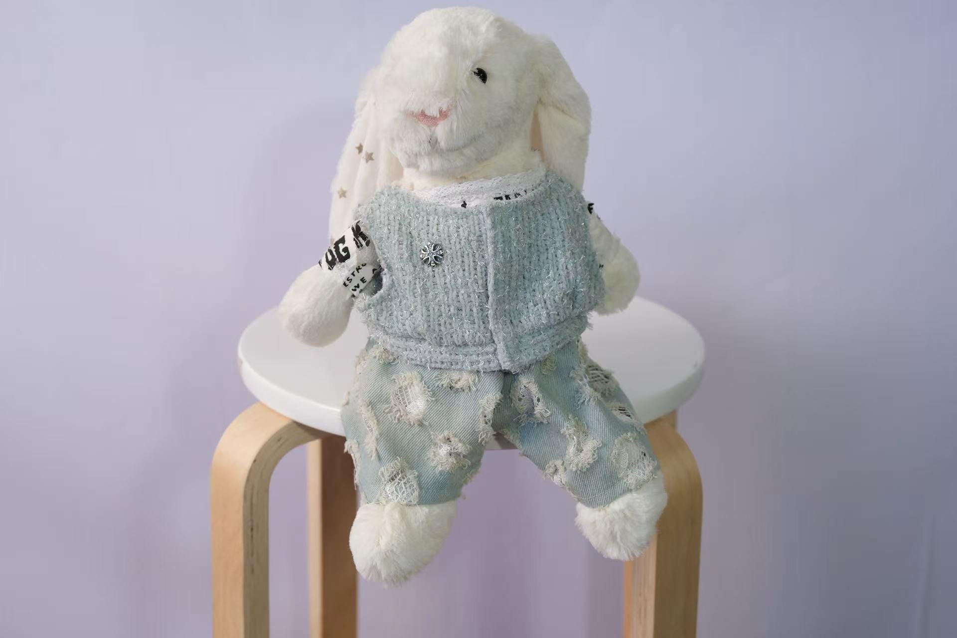 Bunny Outfit for Jellycat Bunny, Tweed Vest T Shirt Jeans Sunglasses Set, Fits Size M and L, Clothes Only